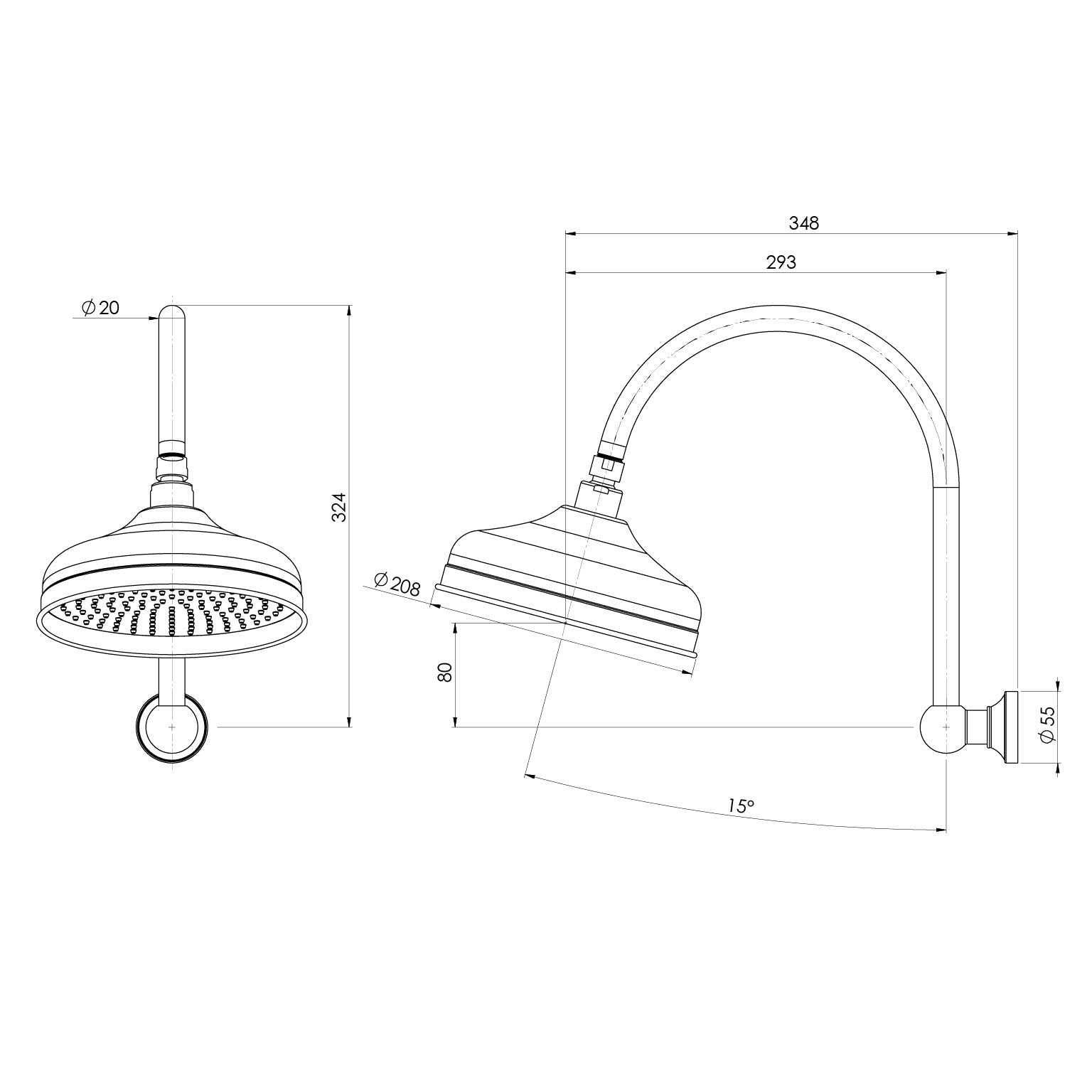 Phoenix Cromford High-Rise Shower Arm and Rose 210mm