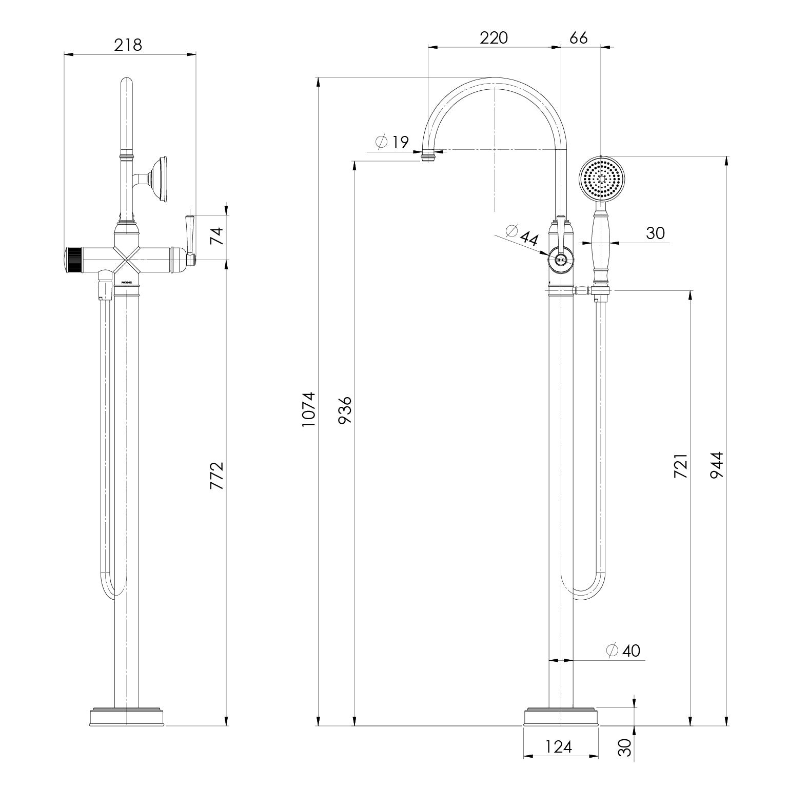 Phoenix Cromford Floor Mounted Bath Mixer with Hand Shower