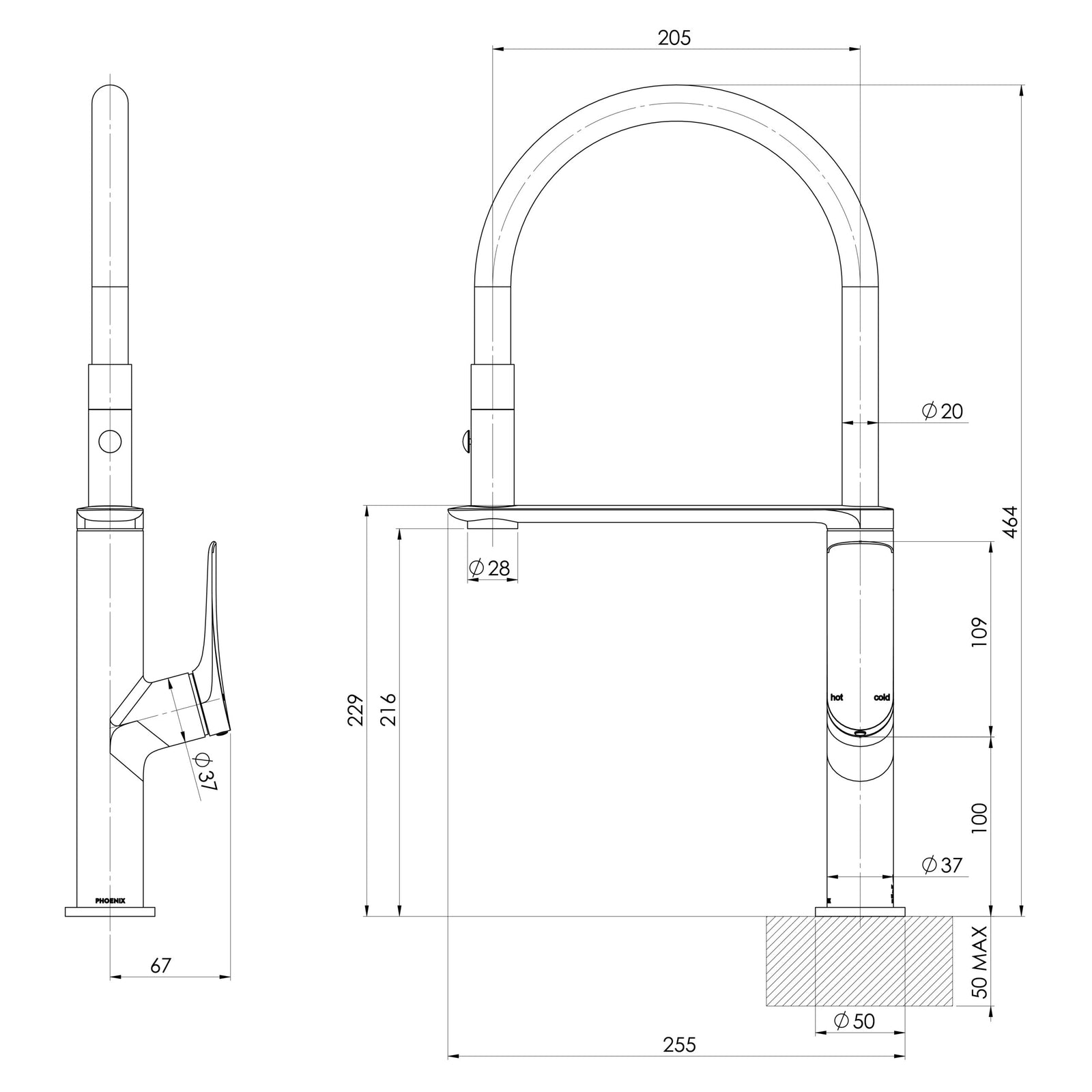 Phoenix Kusabi Flexible Hose Sink Mixer 200mm – Lead Free