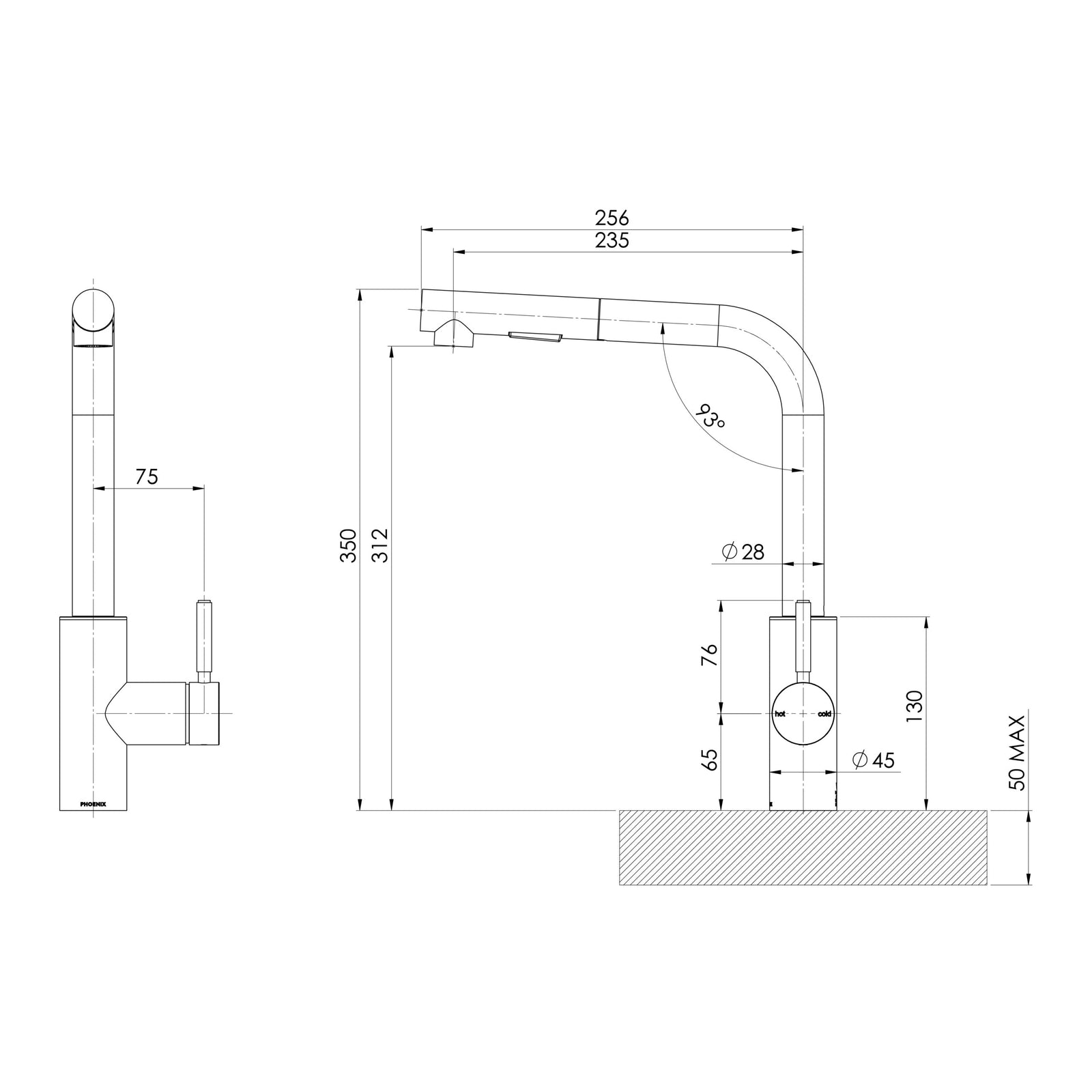 Phoenix Vivid MKII Pull Out Sink Mixer 230mm L Shaped – Lead Free