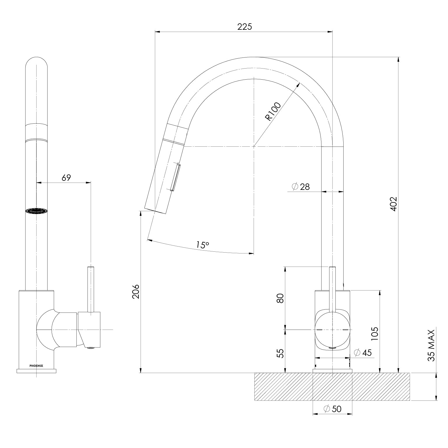 Phoenix Pina Pull Out Sink Mixer 230mm – Lead Free