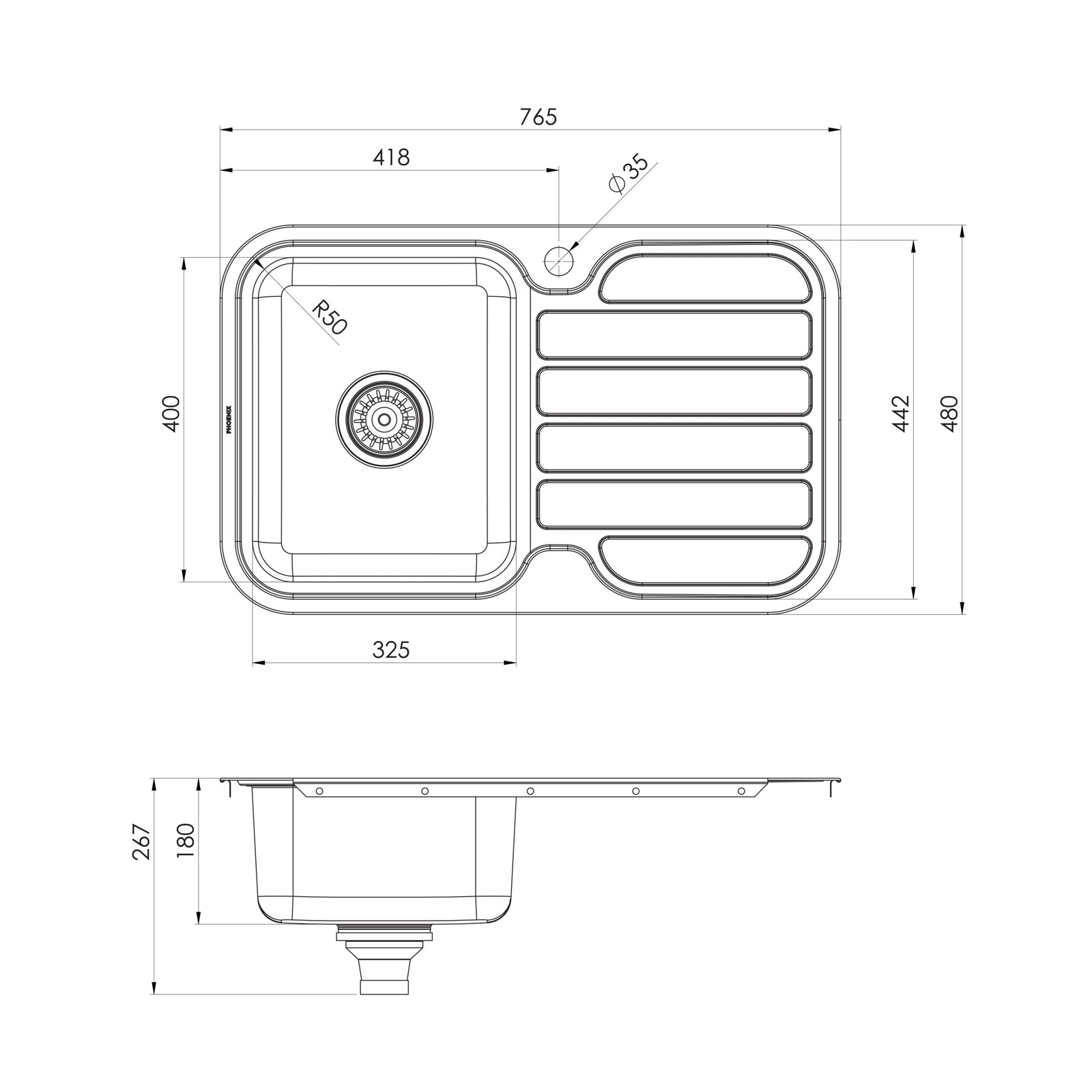 Phoenix 1000 Series Single Left Hand Bowl Sink with Drainer and Taphole