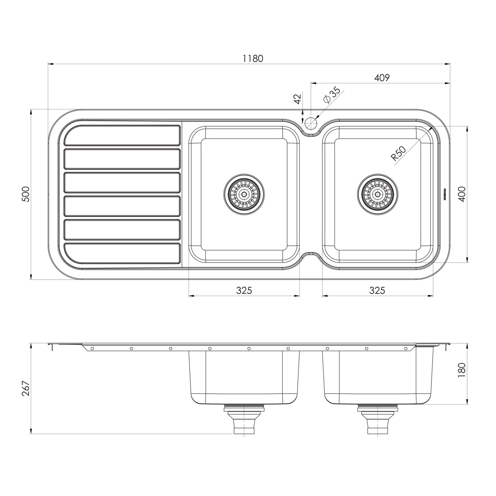 Phoenix 1000 Series Double Right Hand Bowl Sink with Drainer and Taphole