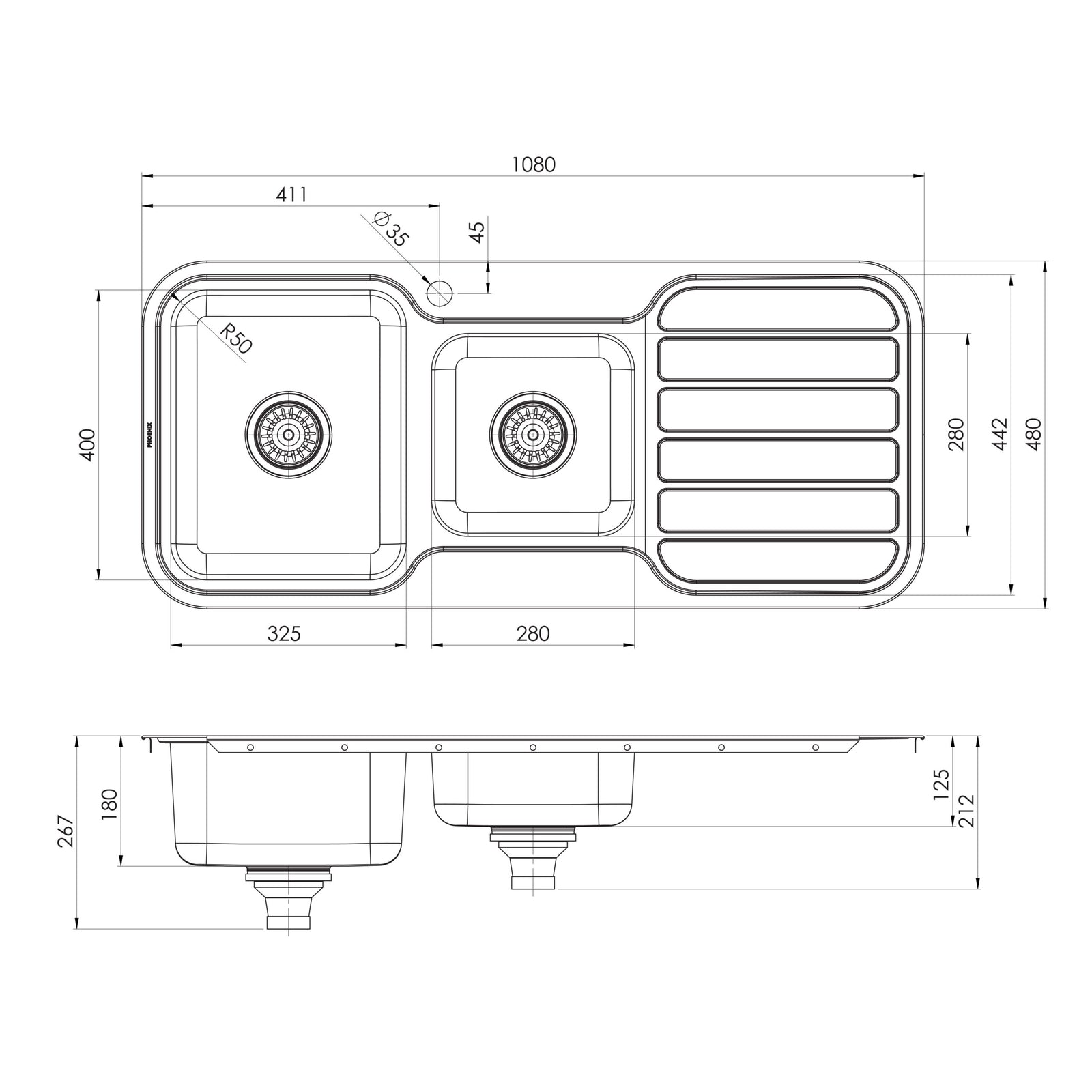 Phoenix 1000 Series 1 and 3/4 Left Hand Bowl Sink with Drainer and Taphole