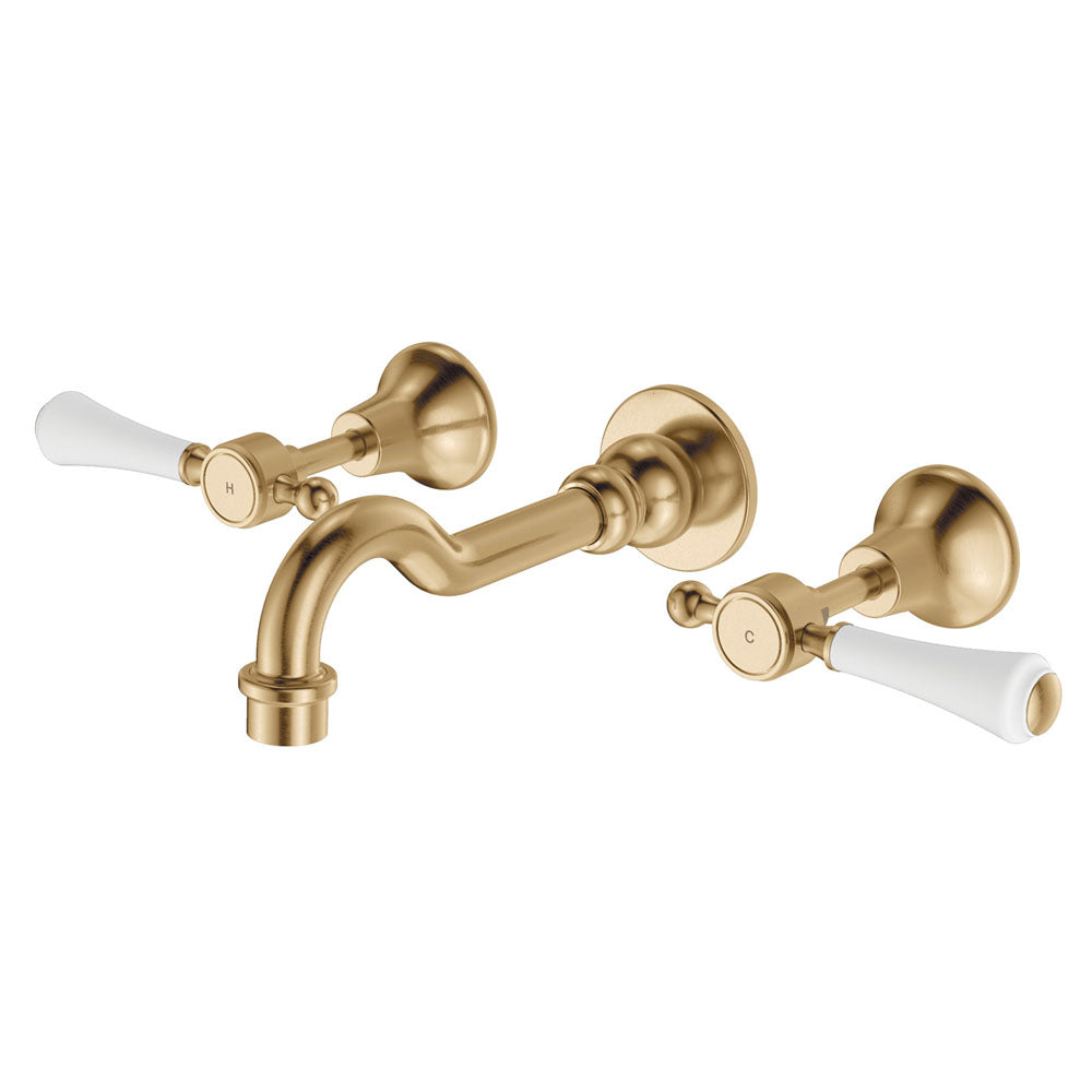 Lillian Lever Basin/Bath Wall Set - Urban Brass with Ceramic White Handle