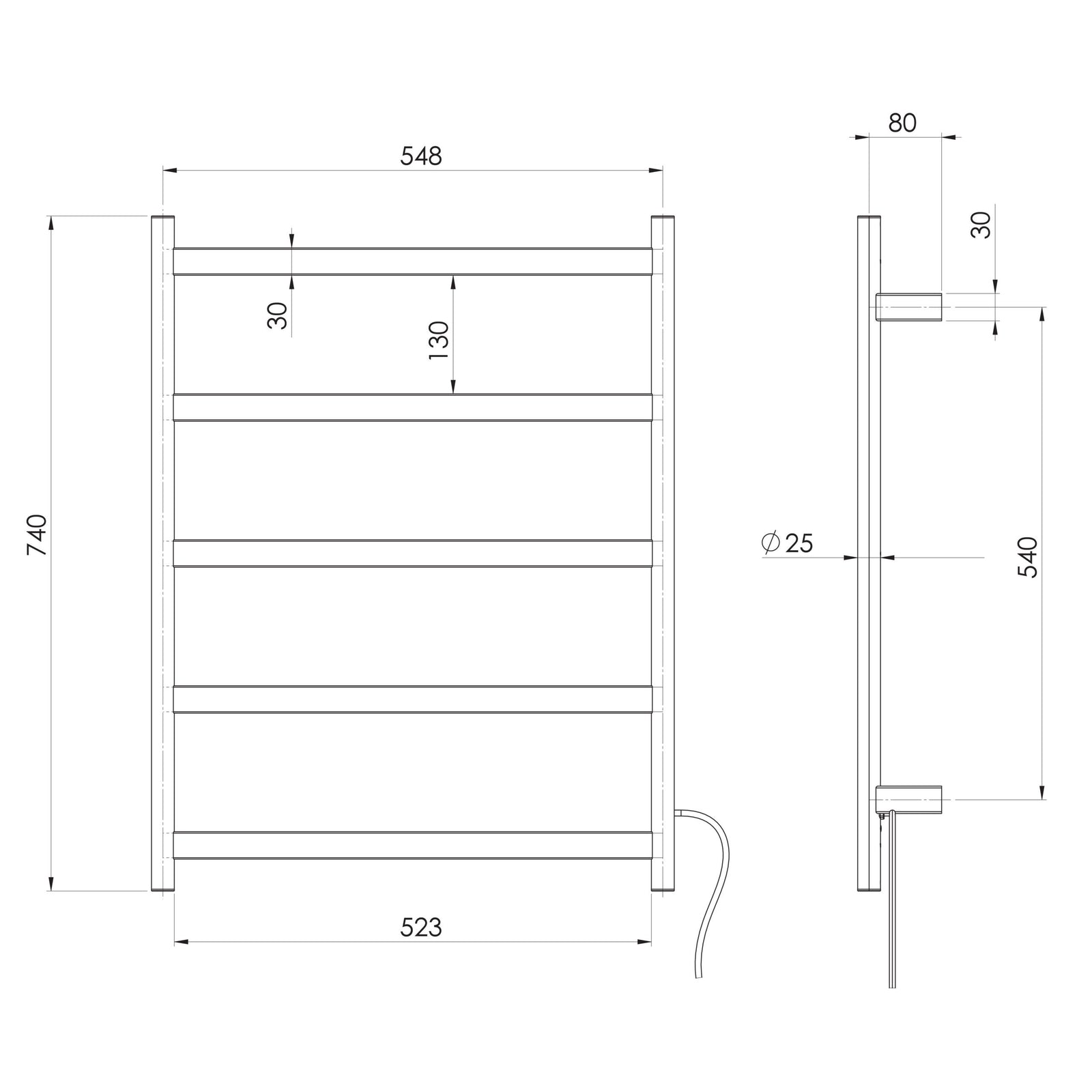 Phoenix Five Flat Bar Heated Towel Ladder 550mm x 740mm