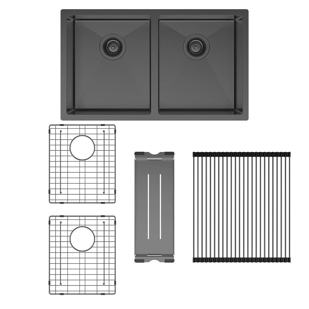 Fienza Hana 27L/27L Double Kitchen Sink Kit - PVD Carbon Metal