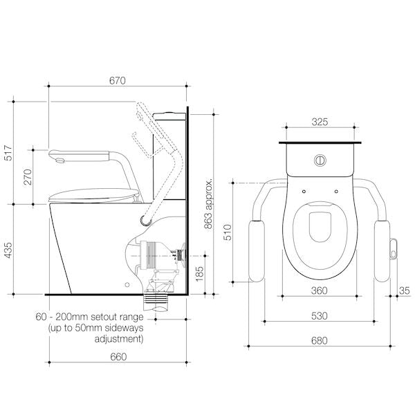 Caroma Care 660 Cleanflush WFCC Easy Height BE Suite with Nurse Call Armrests Left and Caravelle Double Flap Seat