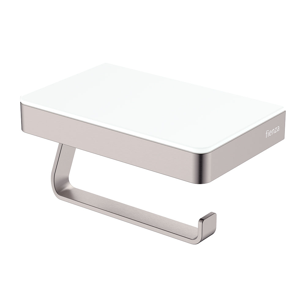 Fienza Tono Toilet Roll Holder with Glass Shelf - Brushed Nickel