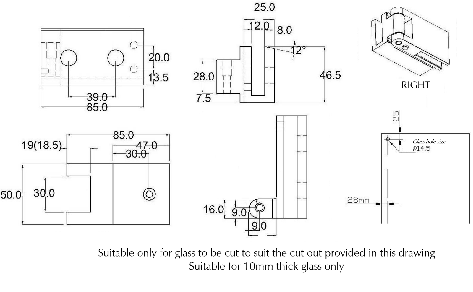 Bella Vista Shower Screen Overlap Hinge - Left/Right Hand - dimensions and specifications