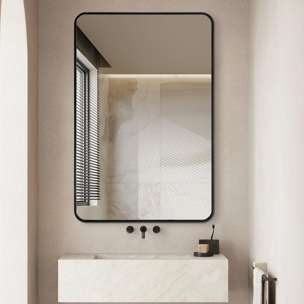 Long Rounded Modern Rectangular Wall Mirror – Black Aluminium Alloy Frame