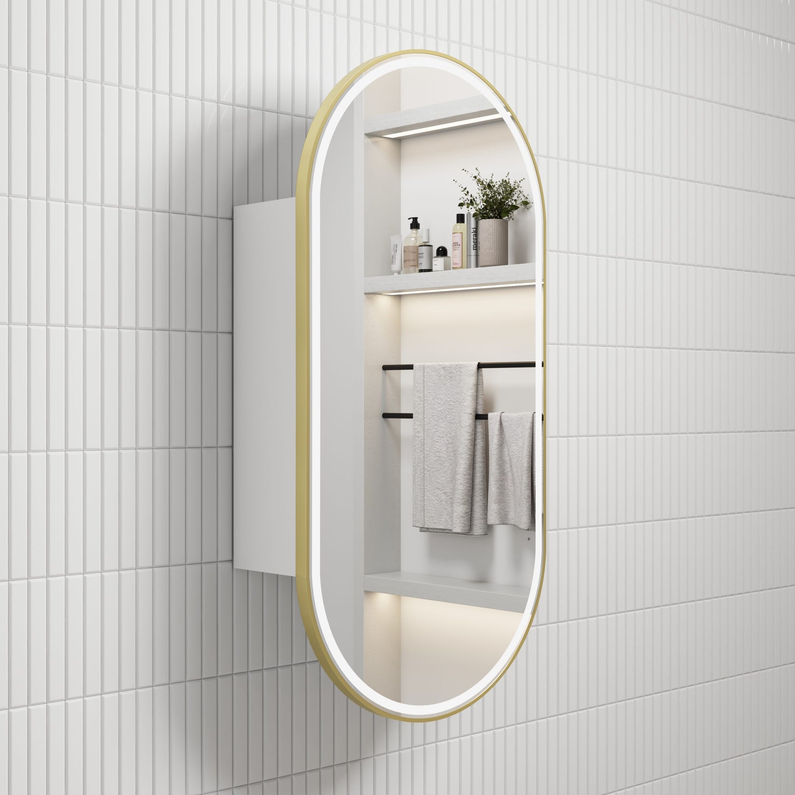 Aulic Beau Monde Oblong LED Shaving Cabinet Matte White Brushed Gold