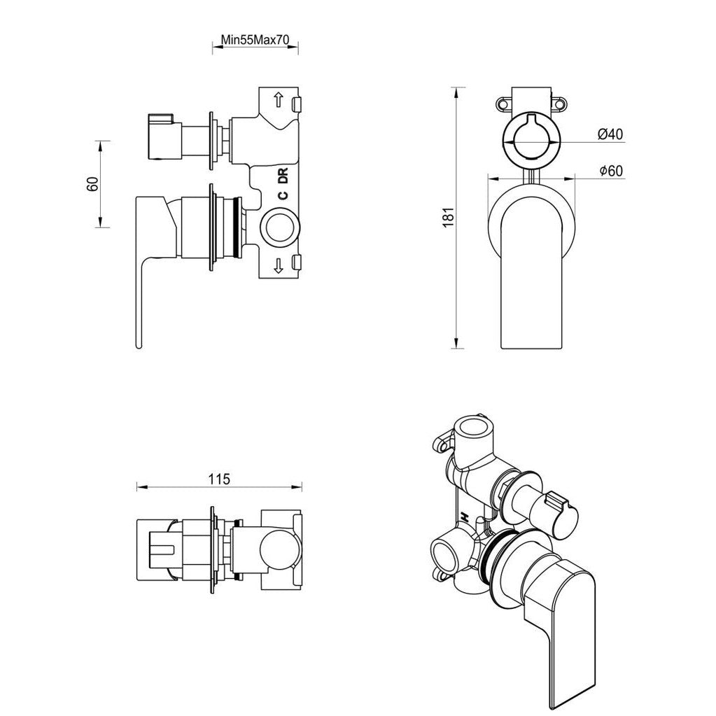 Bella Vista Eleniko Shower Mixer Diverter - 2P - TRIM KIT ONLY