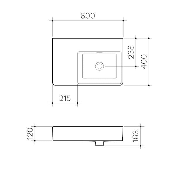 Clark Square Wall Basin Left Hand Shelf 600mm (No Tap Hole)