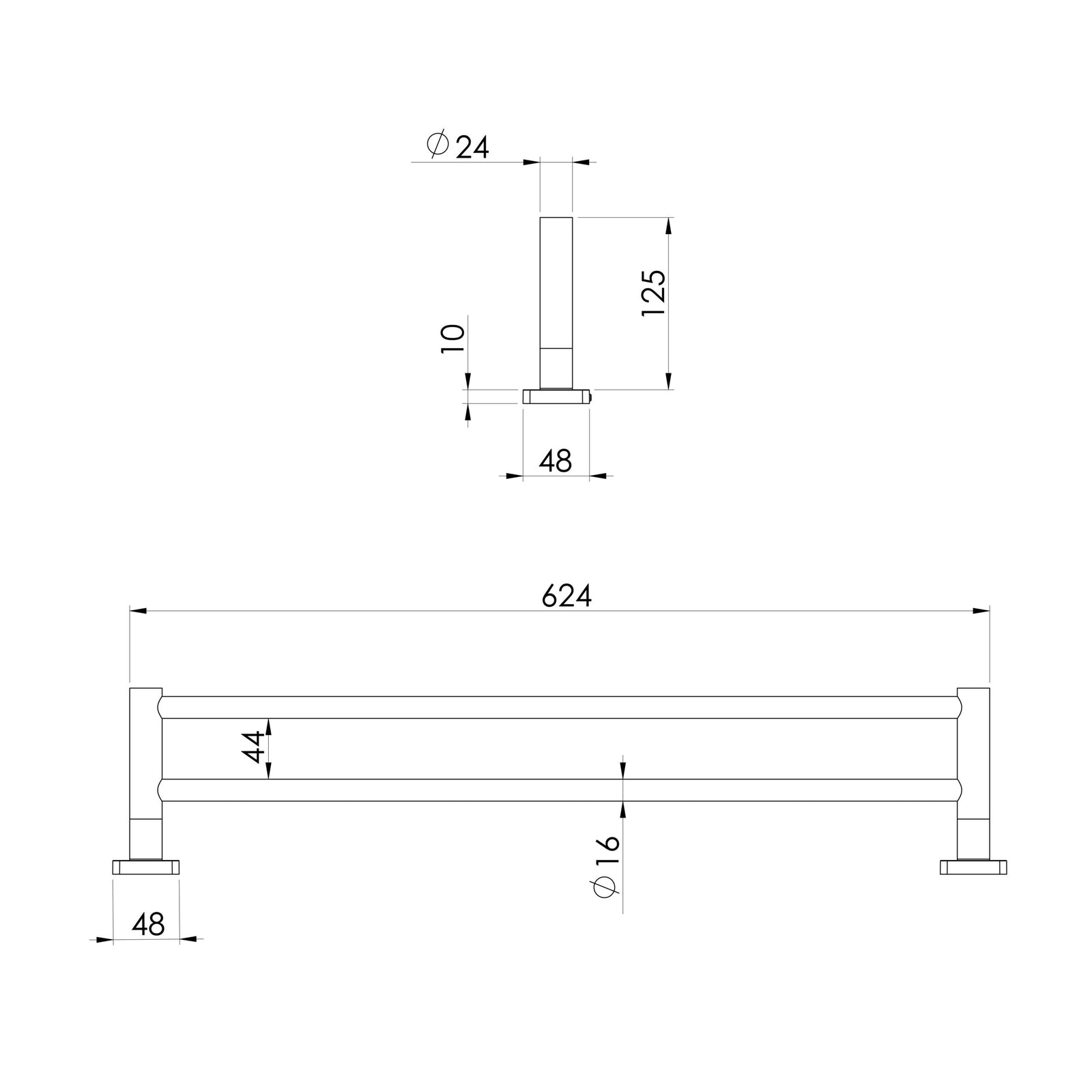 Phoenix Radii SS 316 Double Towel Rail 600mm Square Plate