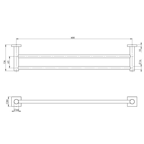 Phoenix Radii Double Towel Rail 600mm Square Plate