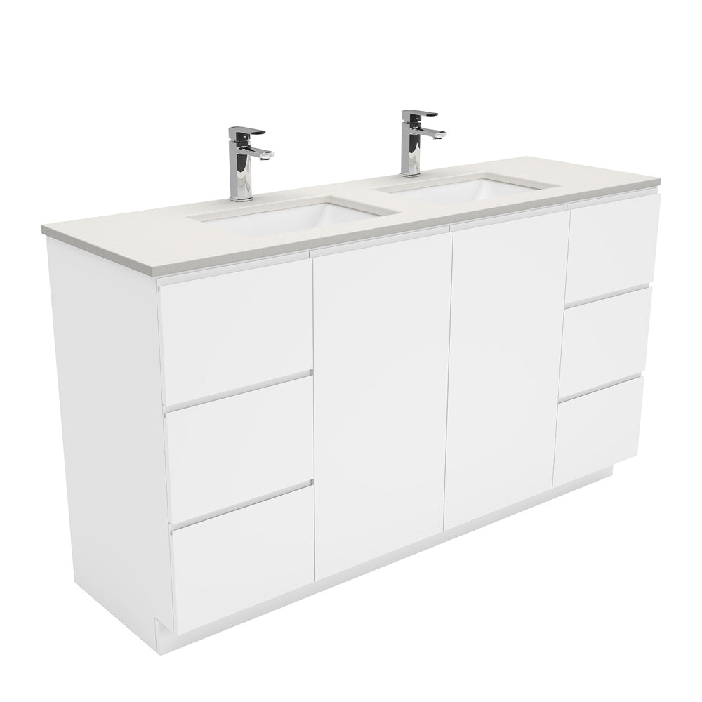 Sarah Roman Sand Undermount Double Bowl 1500 Fingerpull Gloss White Vanity on Kick