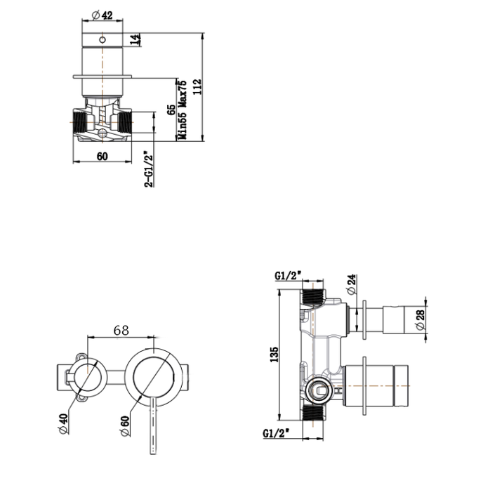 Bella Vista Mica Shower Mixer Diverter - Sideways - BODY