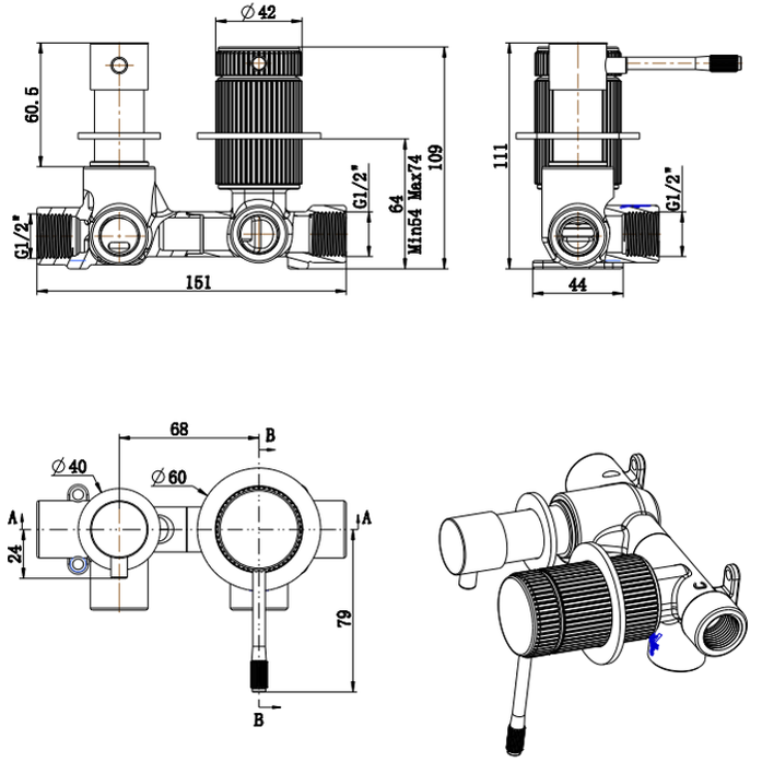 Bella Vista Mica Fluted Shower Mixer Diverter - Sideways