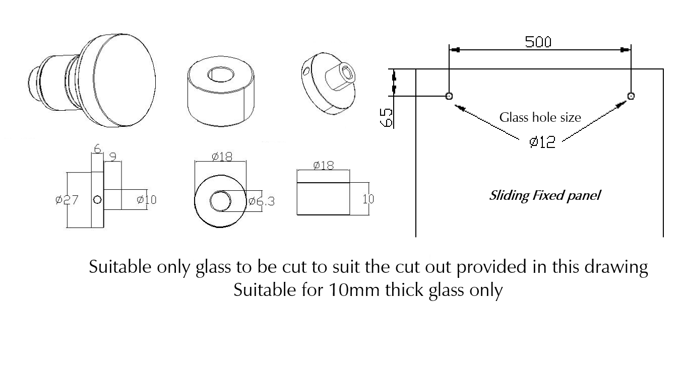 Bella Vista Shower Screen Sliding Rail-to-Glass Bracket - dimensions and specifications