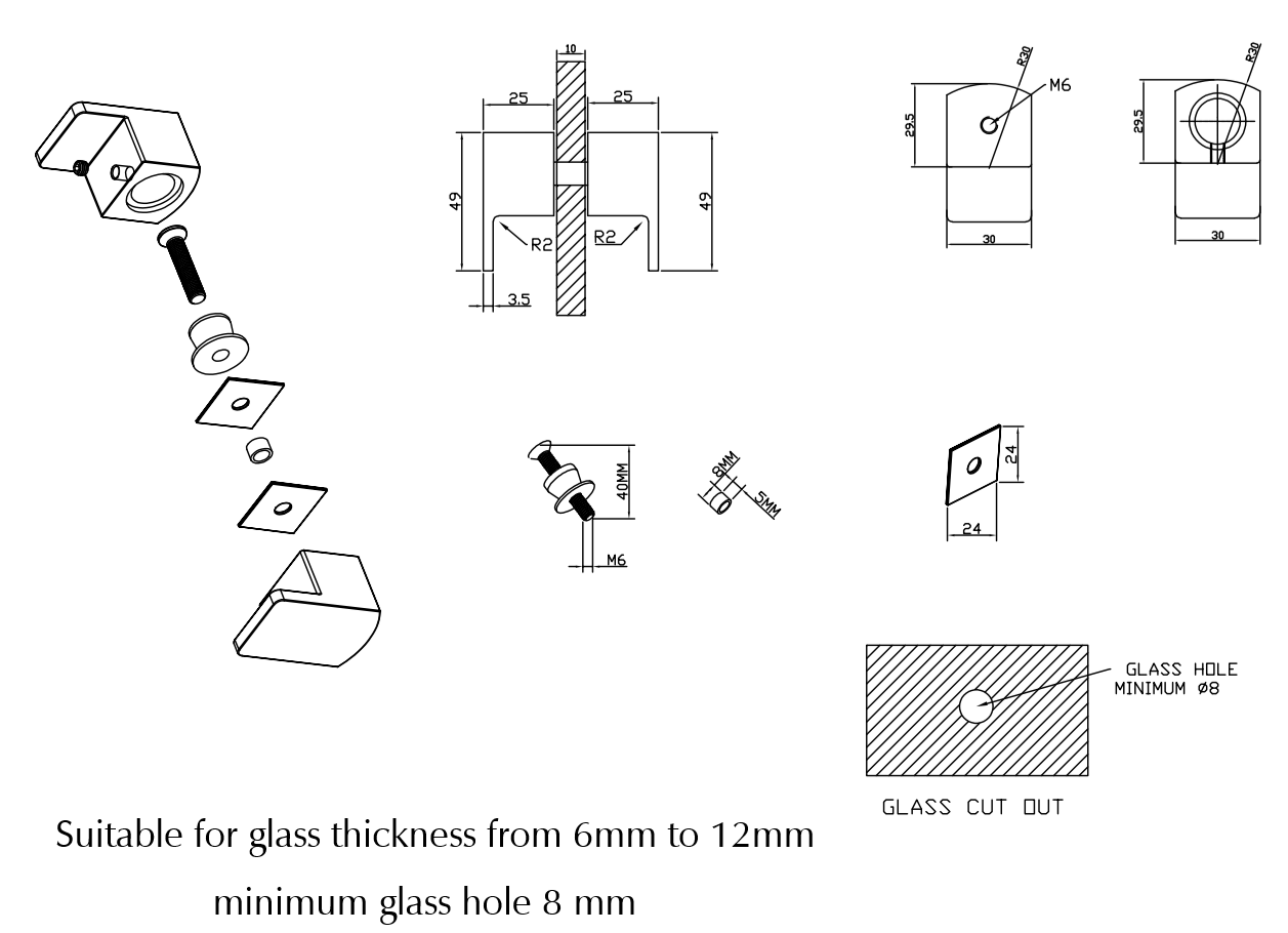Bella Vista Shower Screen Handle - Square Lever - dimensions and specifications