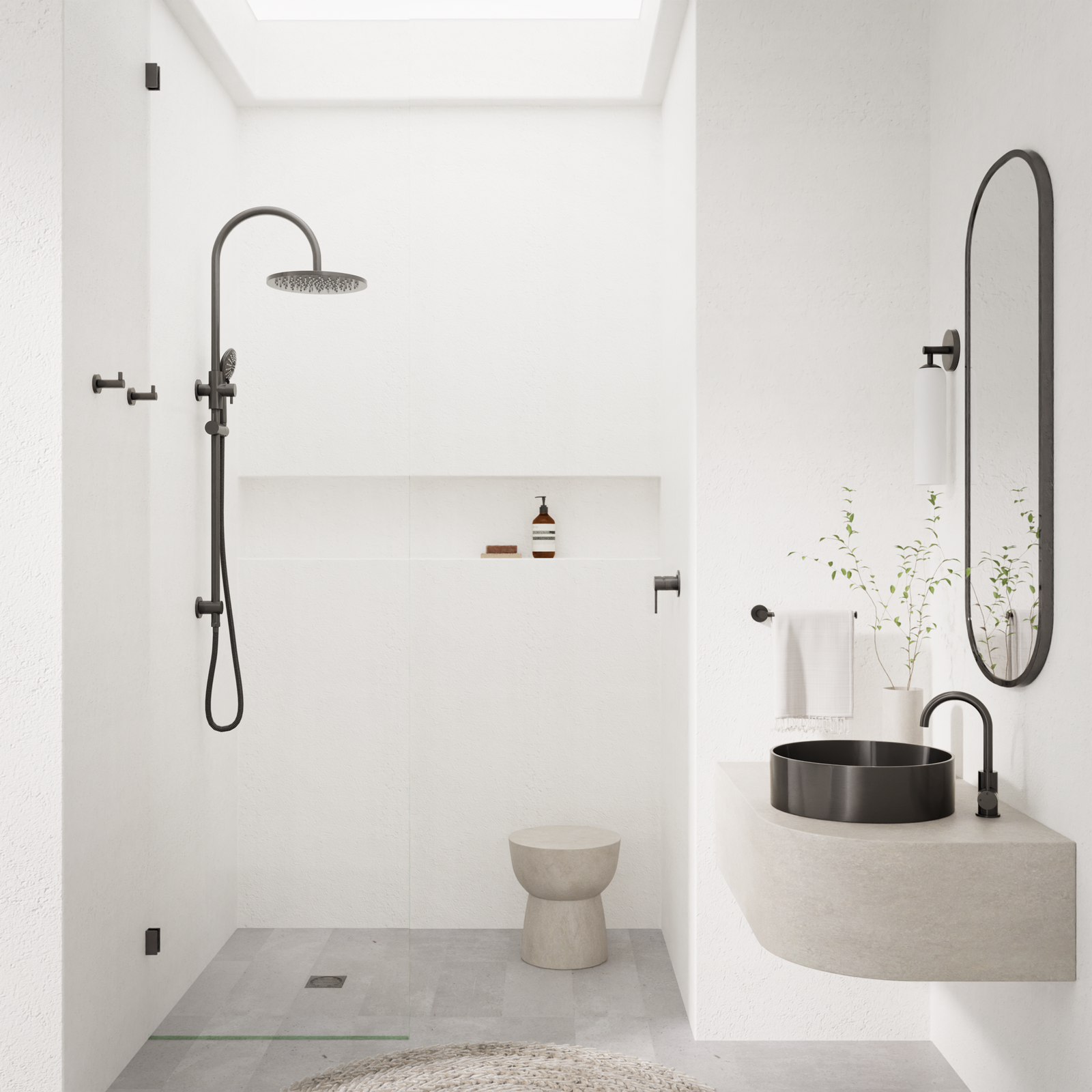 Meir 300mm Round Overhead Shower Rail, Three Function Hand Shower