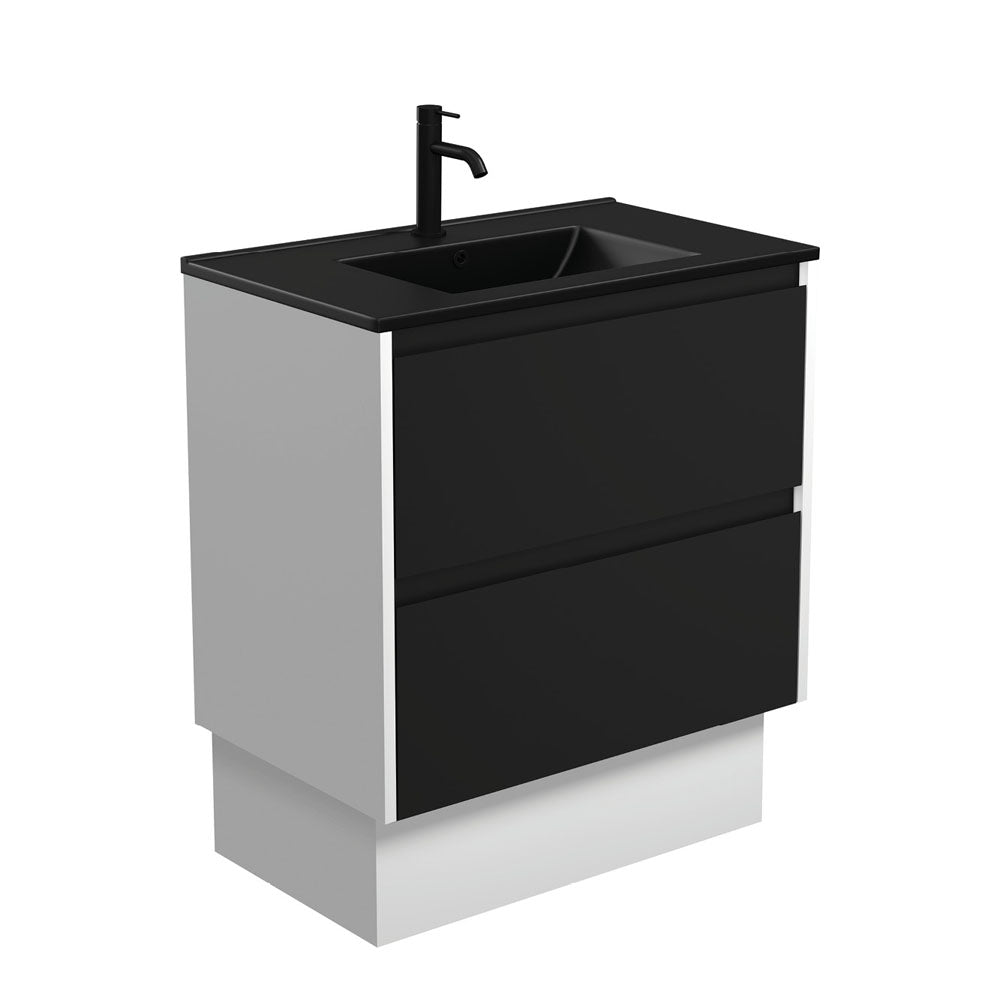 Fienza Dolce Amato 750mm Matte Black Basin - Satin Black Vanity, Satin White Panels