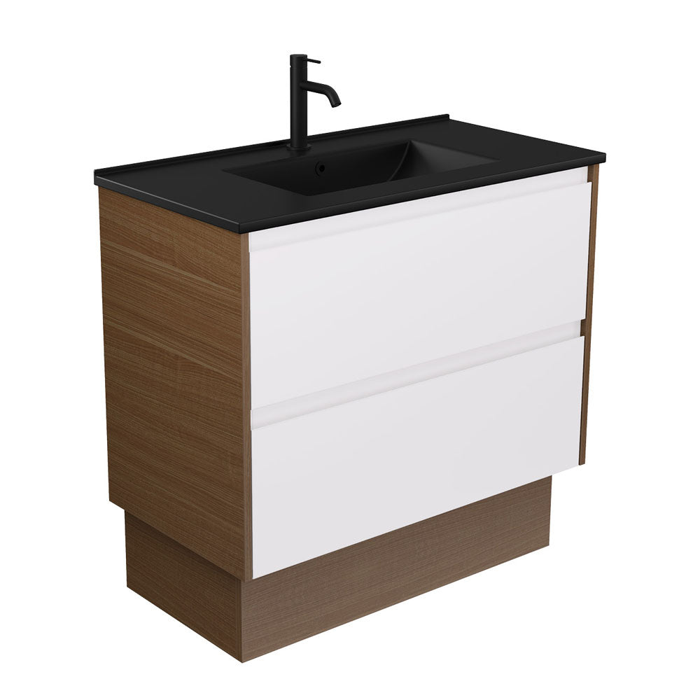 Fienza Dolce Amato 900mm Matte Black Basin - Satin White Vanity, Walnut Panels
