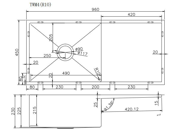 Hand-made Single Bowl Kitchen Sink(Round Edges) | 960*450*230mm