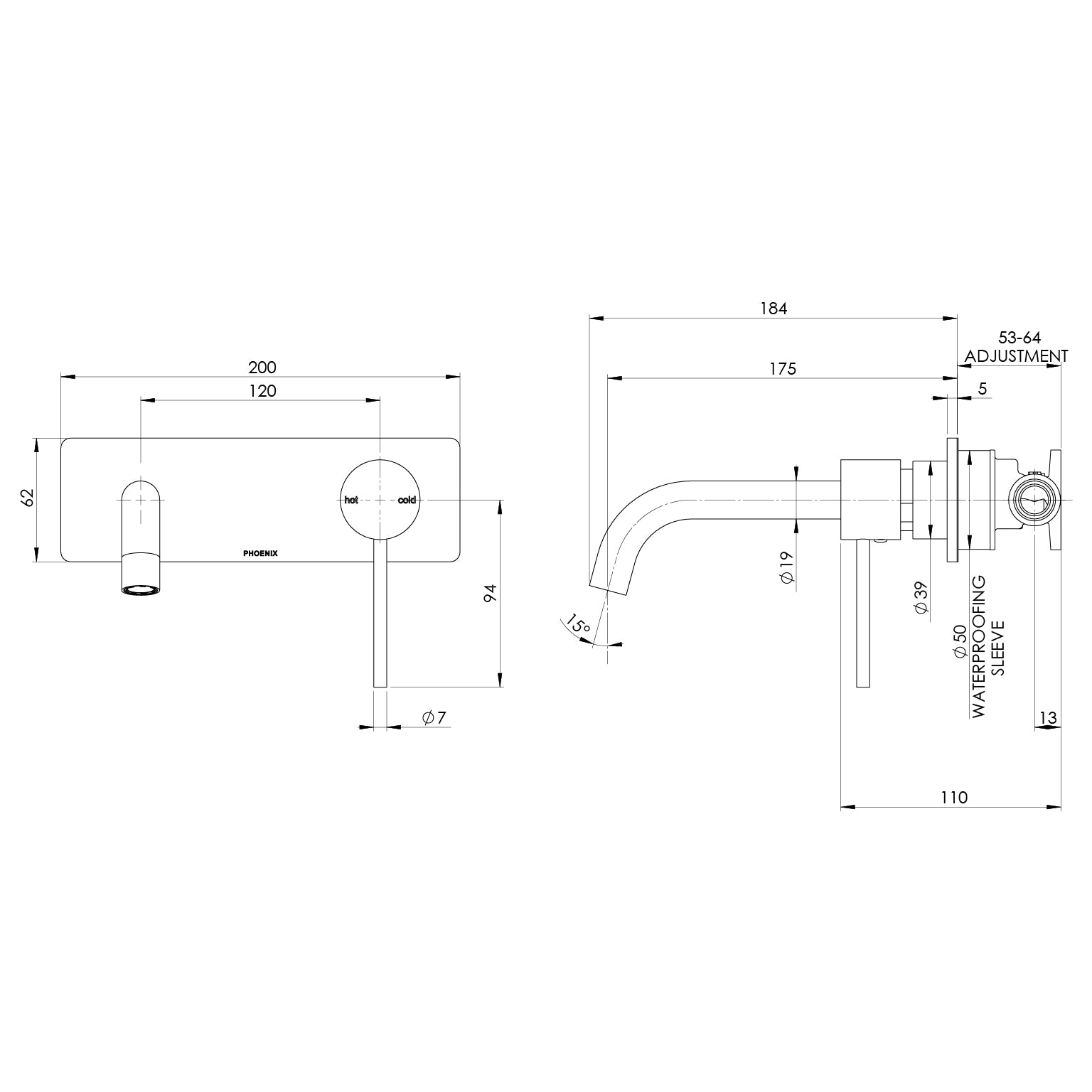 Phoenix Vivid Slimline SwitchMix Wall Basin / Bath Mixer Set 180mm (Fit-Off Kit Only) – Lead Free