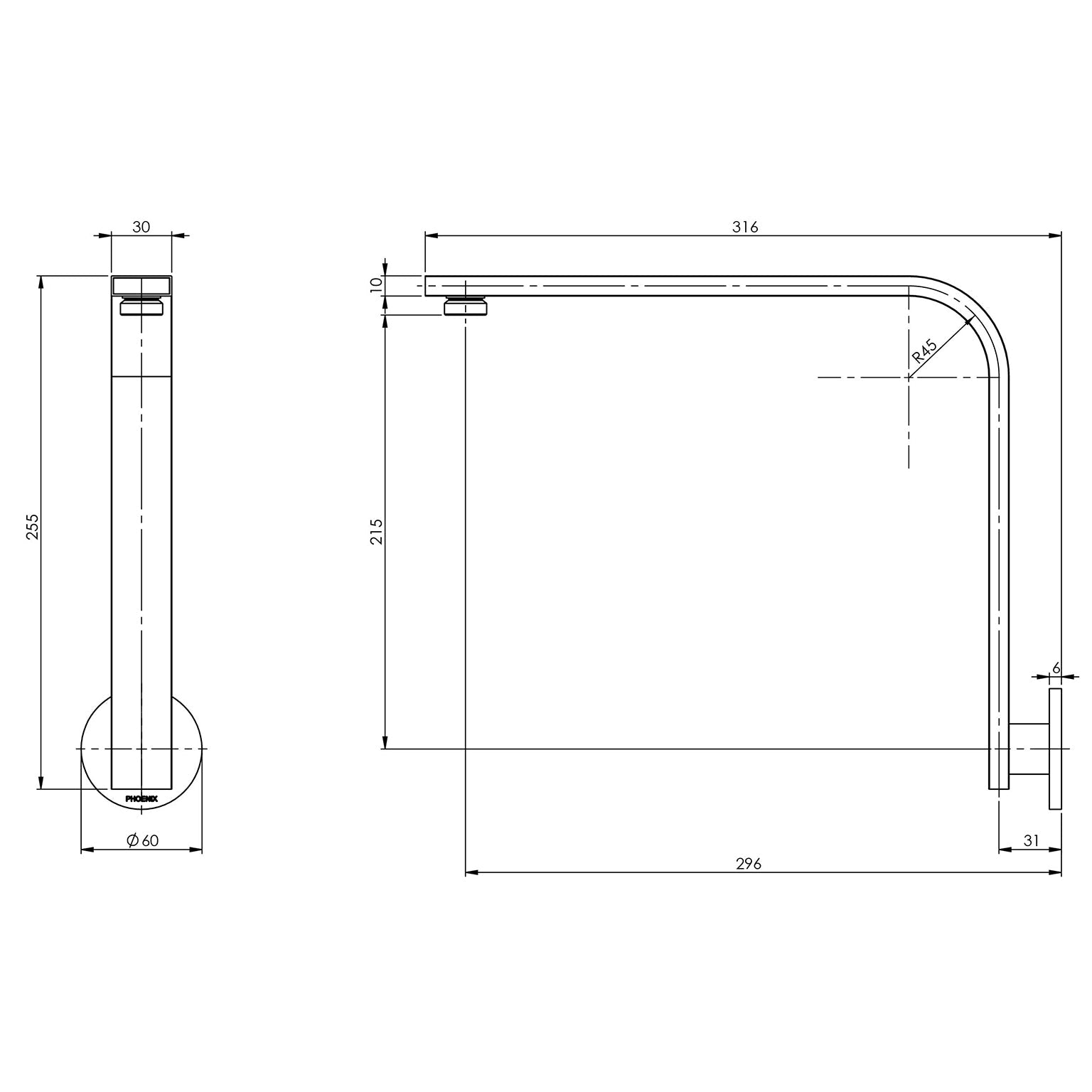 Phoenix Vivid Slimline High-Rise Shower Arm Round Plate