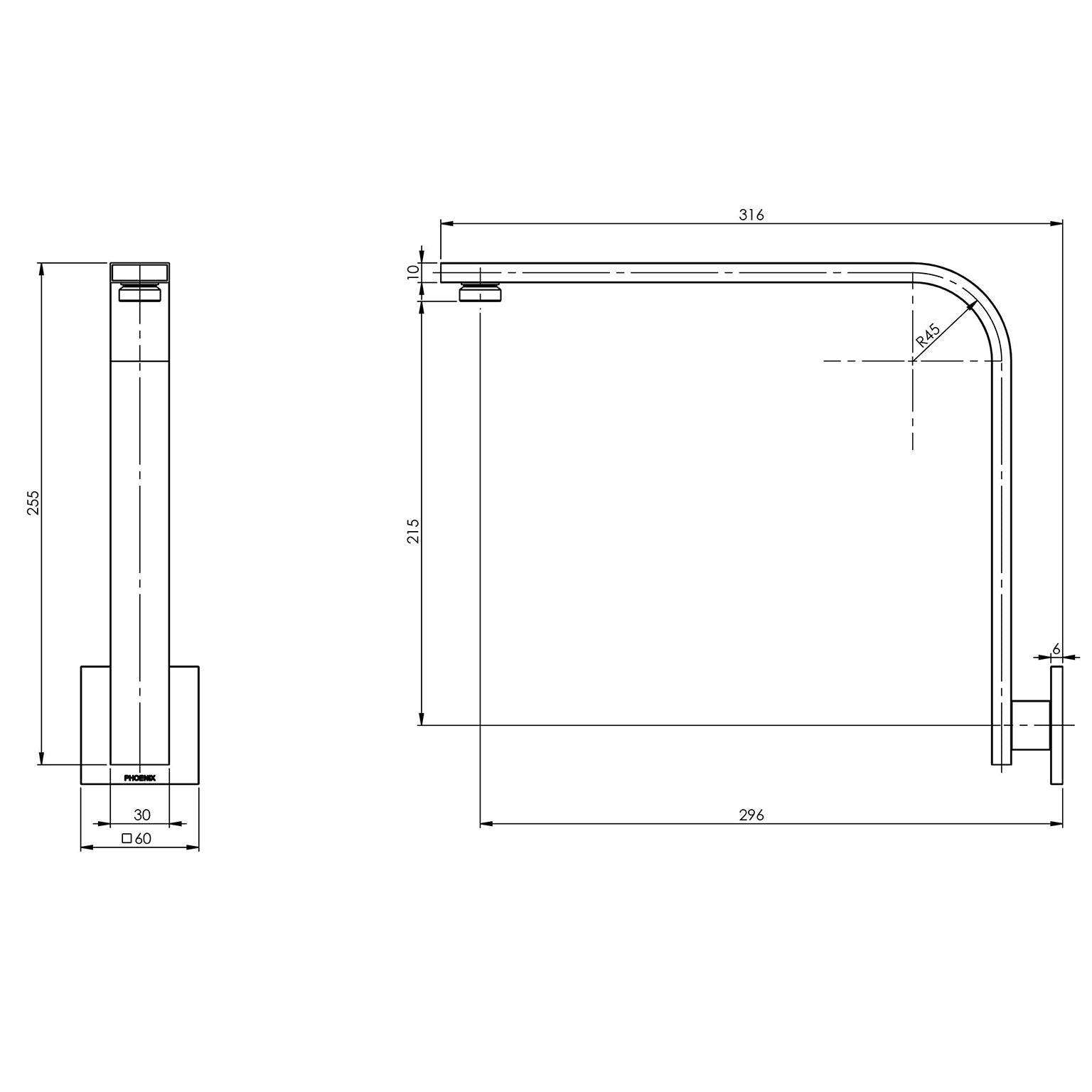 Phoenix Vivid Slimline High-Rise Shower Arm Square Plate