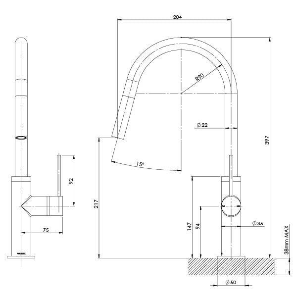 Phoenix Vivid Slimline Pull Out Sink Mixer 200mm – Lead Free