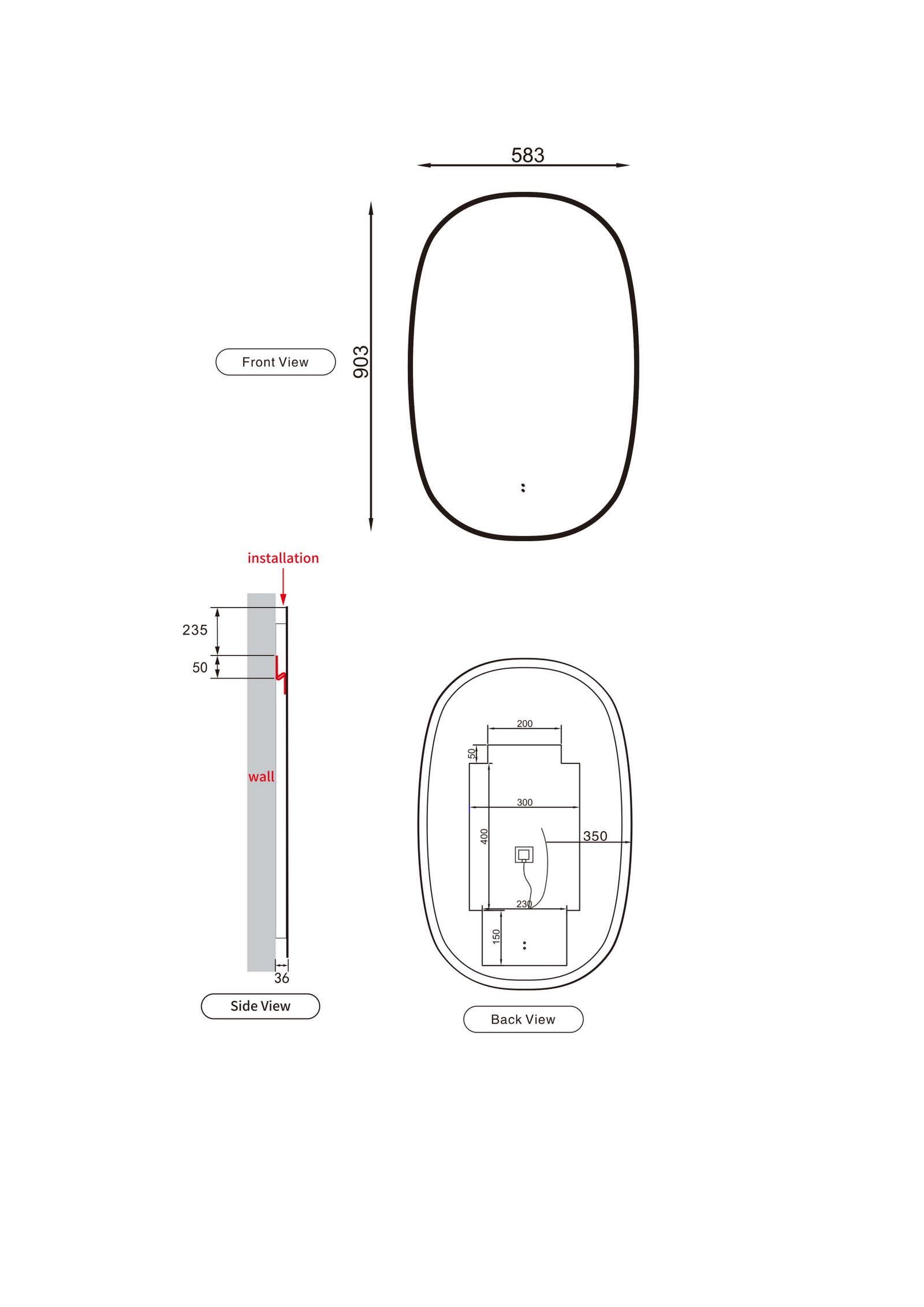 Aulic Valmont Vertical LED Mirror dimension drawing