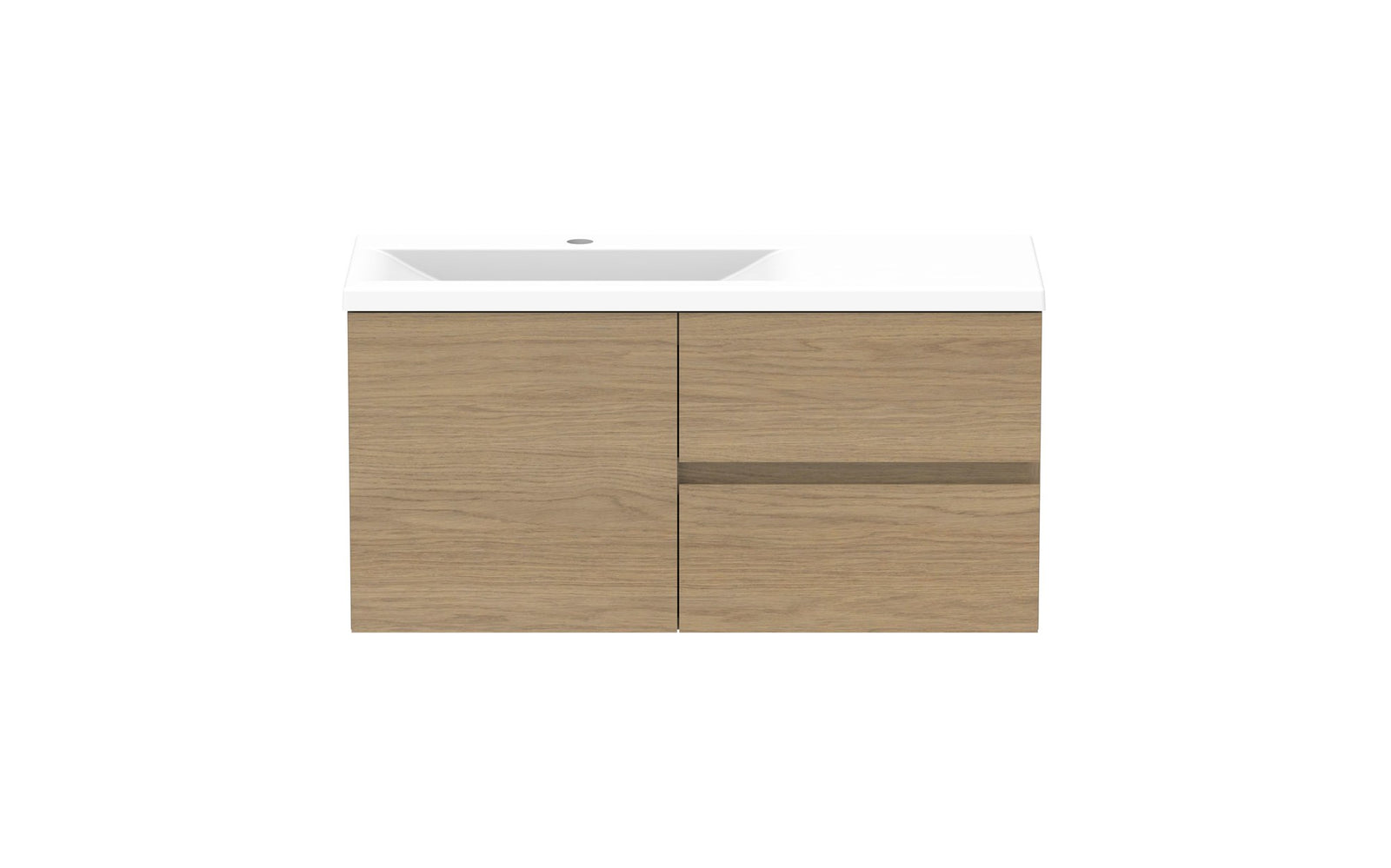 ADP Drift Ensuite Wall Hung Vanity 900mm left offset bowl in Boston Oak, front view