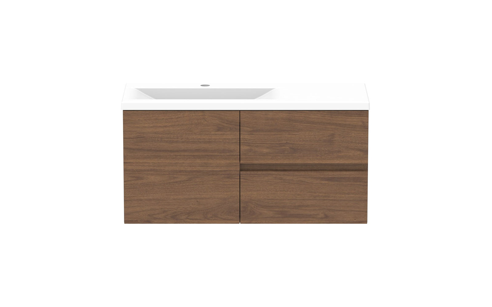 ADP Drift Ensuite Wall Hung Vanity 900mm left offset bowl in Florentine Walnut, front view