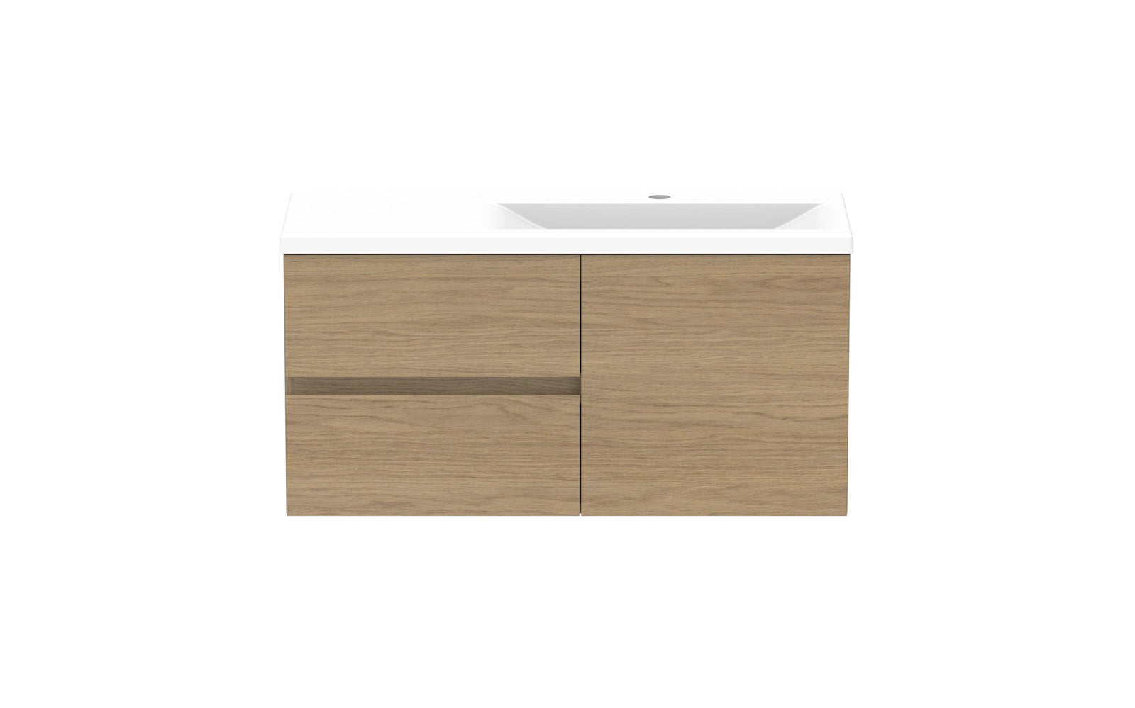 ADP Drift Ensuite Wall Hung Vanity 900mm right offset bowl in Boston Oak, front view