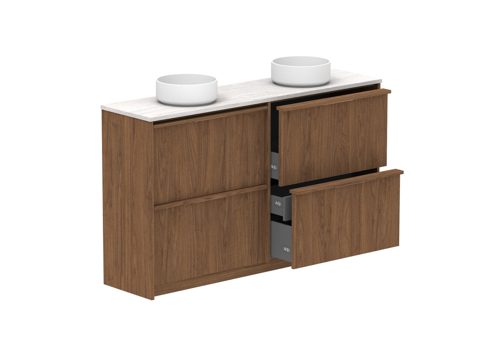 ADP Eli Ensuite Floor Mount Vanity 1500mm double bowl in Florentine Walnut, open