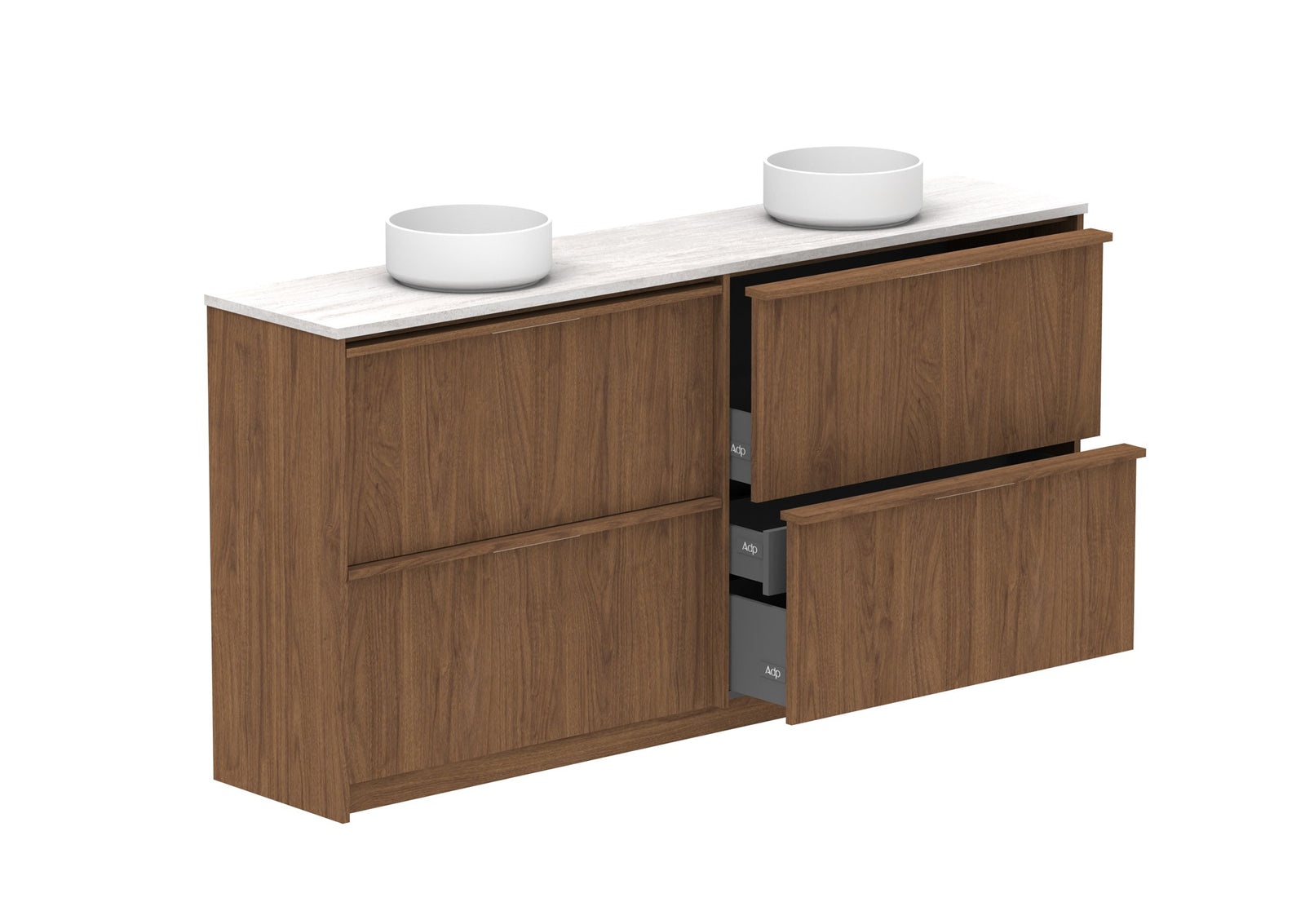 ADP Eli Ensuite Floor Mount Vanity 1800mm double bowl in Florentine Walnut, open