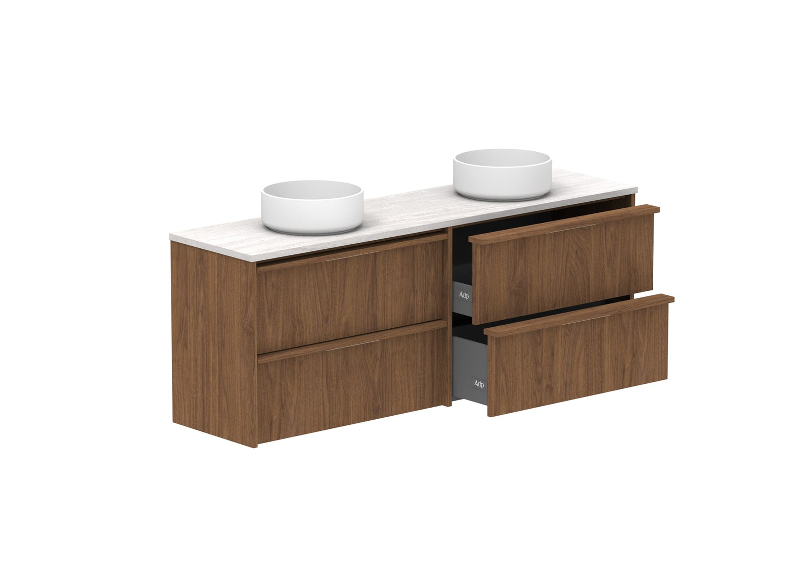 ADP Eli Ensuite Wall Hung Vanity 1500mm double bowl in Florentine Walnut, open