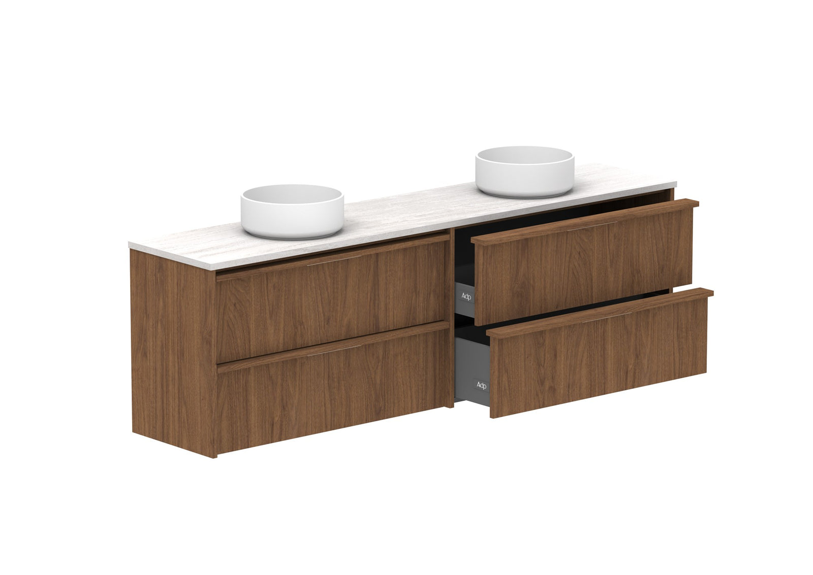 ADP Eli Ensuite Wall Hung Vanity 1800mm double bowl in Florentine Walnut, open