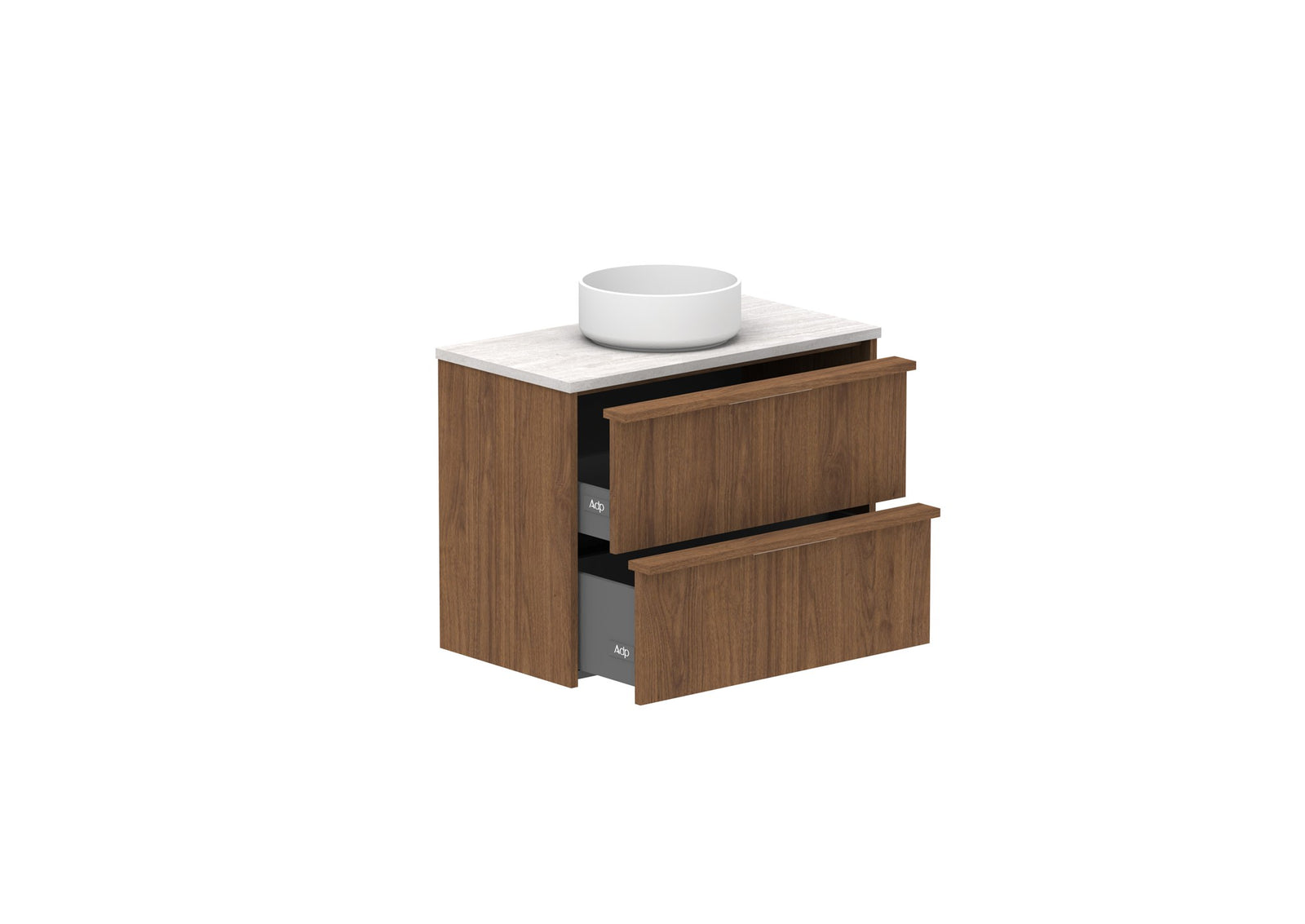 ADP Eli Ensuite Wall Hung Vanity 750mm centre bowl in Florentine Walnut, open