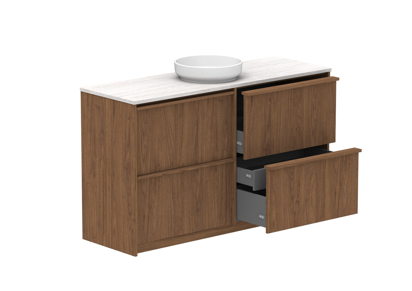 ADP Eli Full Depth Floor Mount Vanity 1500mm centre bowl in Florentine Walnut, open