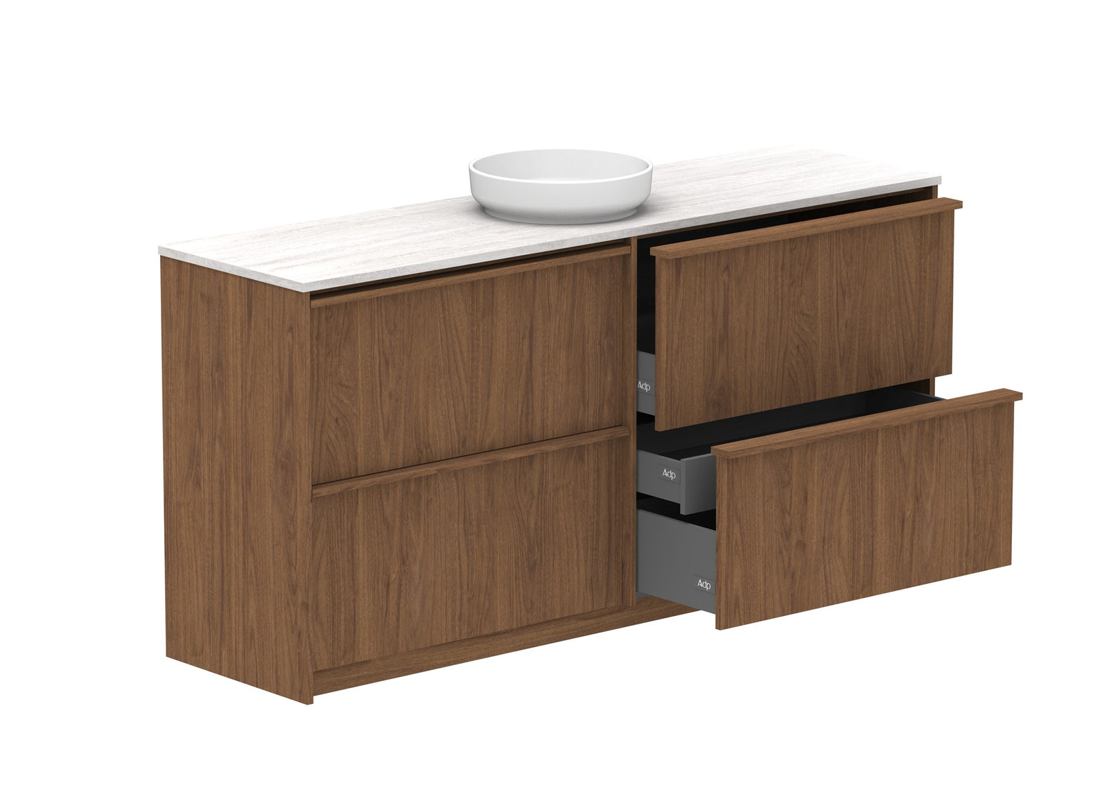 ADP Eli Full Depth Floor Mount Vanity 1800mm centre bowl in Florentine Walnut, open