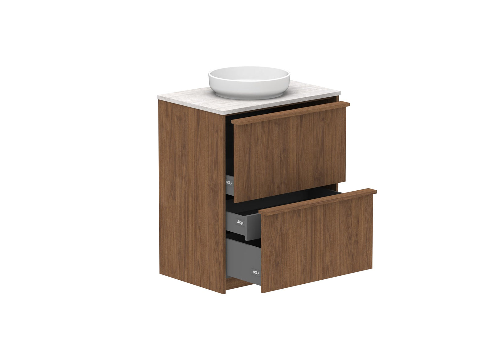 ADP Eli Full Depth Floor Mount Vanity 750mm centre bowl in Florentine Walnut, open