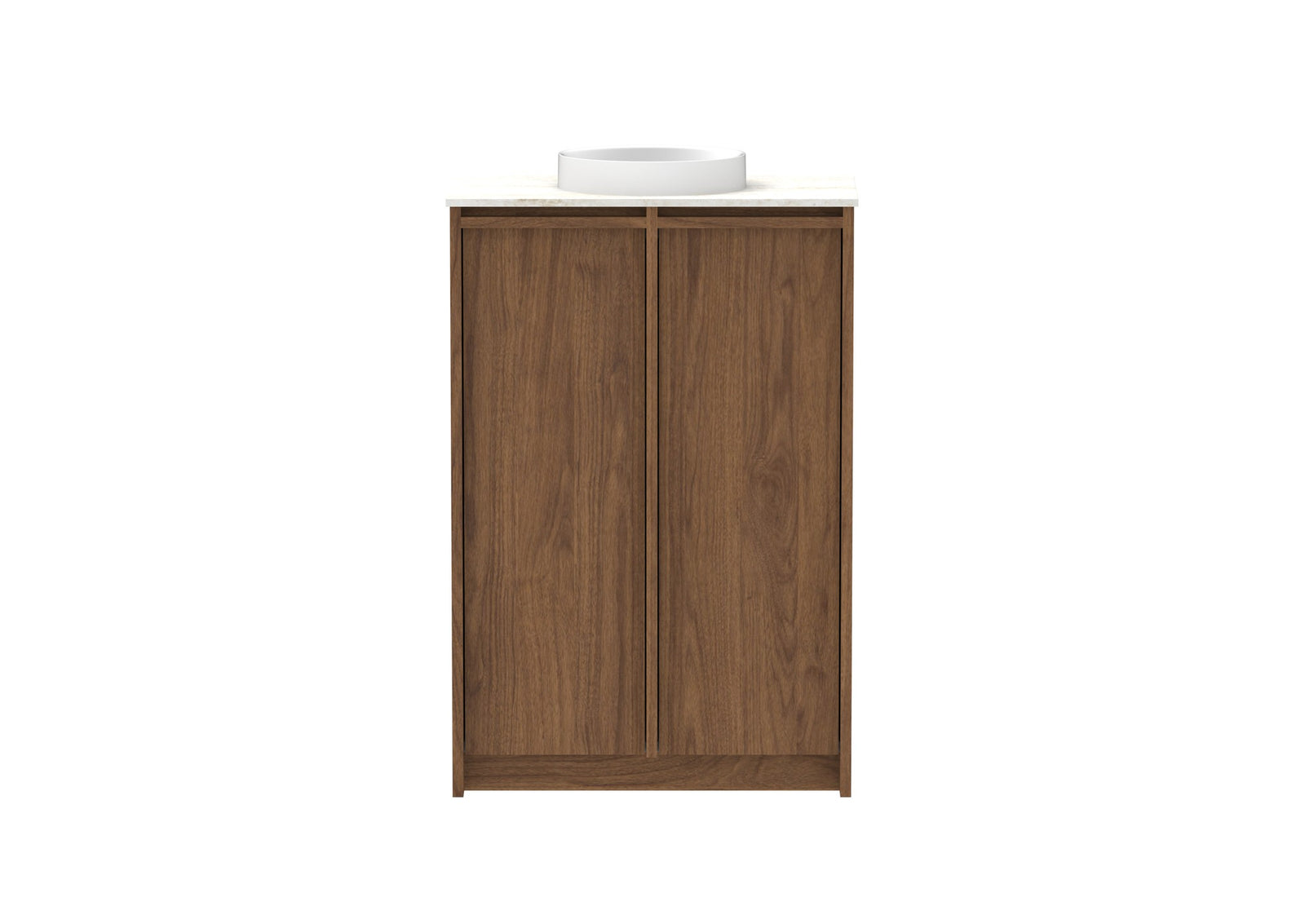 ADP Eli Mini Floor Mount Vanity 600mm centre bowl in Florentine Walnut, front view