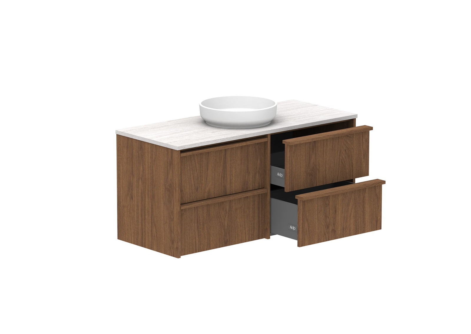 ADP Eli Full Depth Wall Hung Vanity 1200mm centre bowl in Florentine Walnut, open