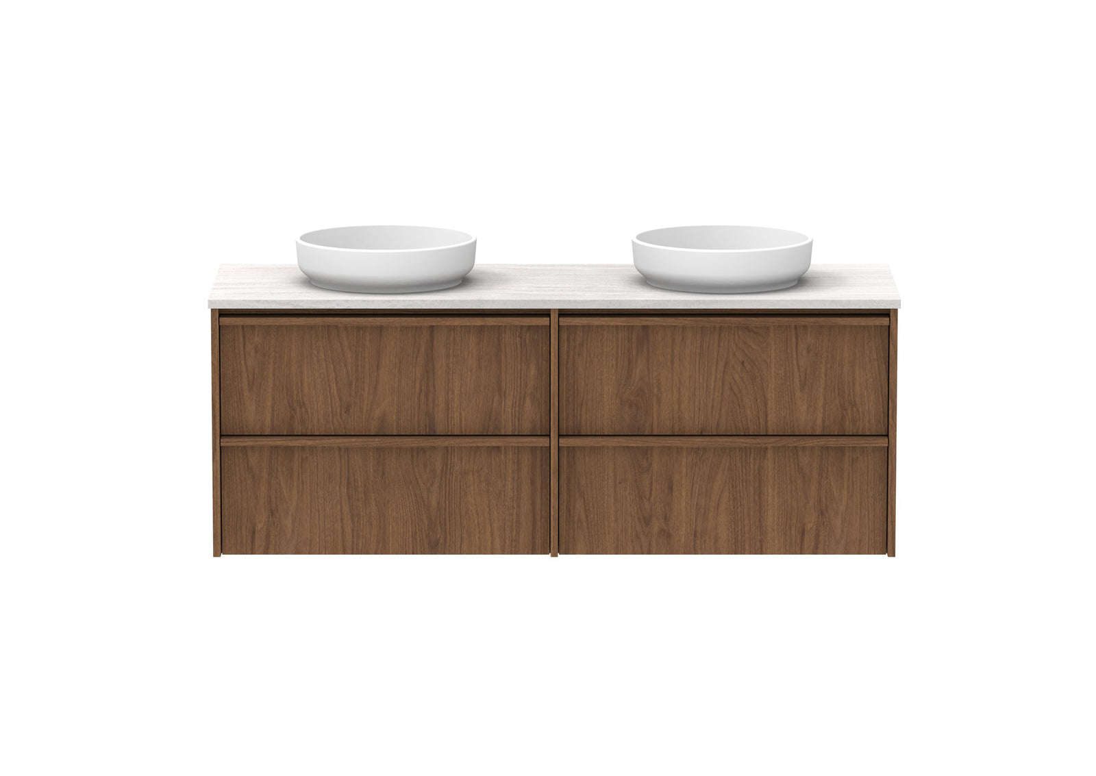 ADP Eli Full Depth Wall Hung Vanity 1500mm double bowl in Florentine Walnut, front view