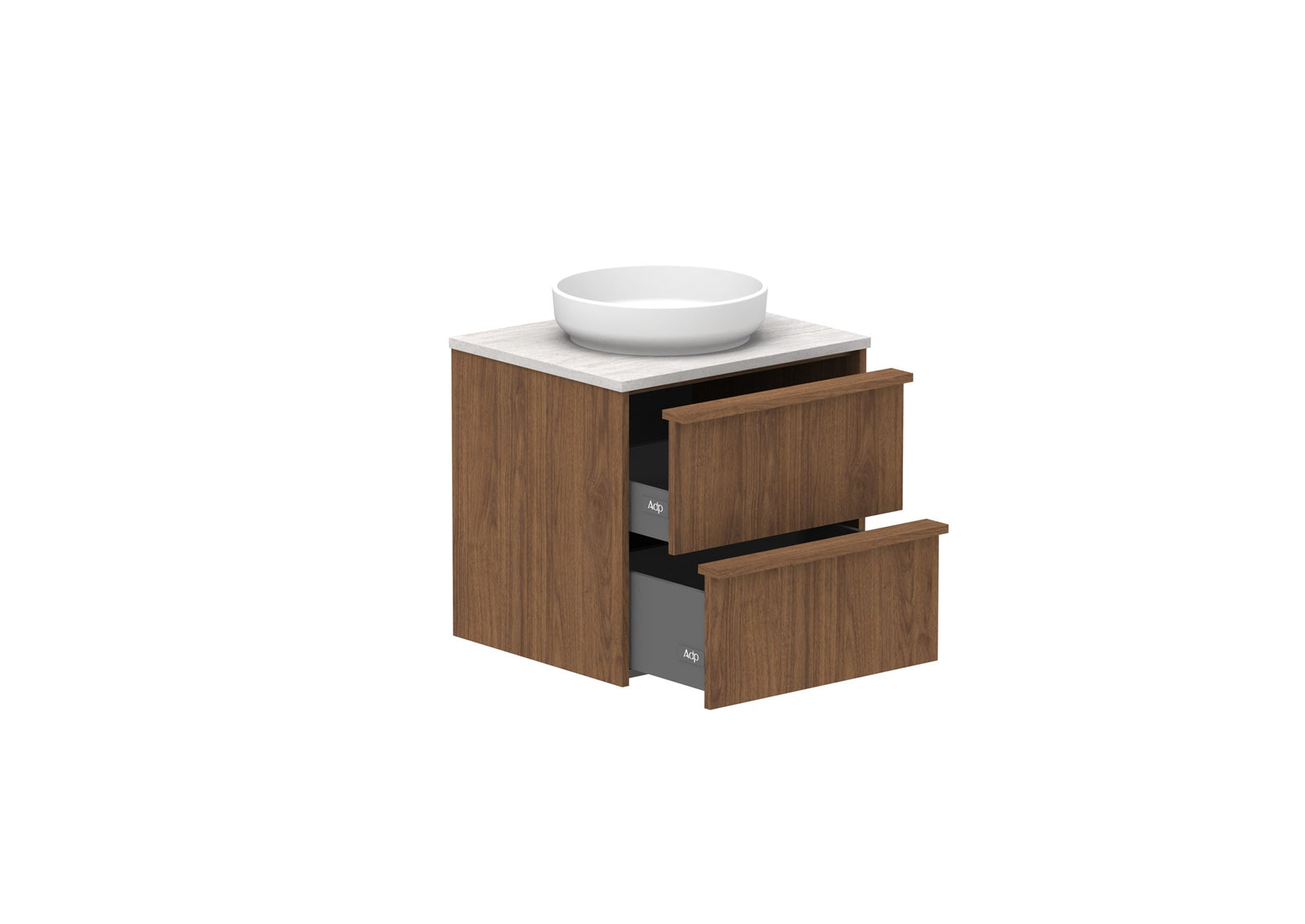ADP Eli Full Depth Wall Hung Vanity 600mm centre bowl in Florentine Walnut, open