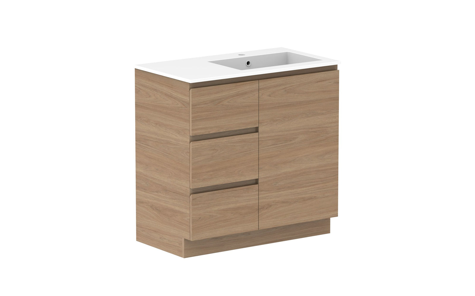 ADP Glacier Full Depth Door & Drawer Trio Floor Mount Vanity 900mm right offset bowl, cast marble top